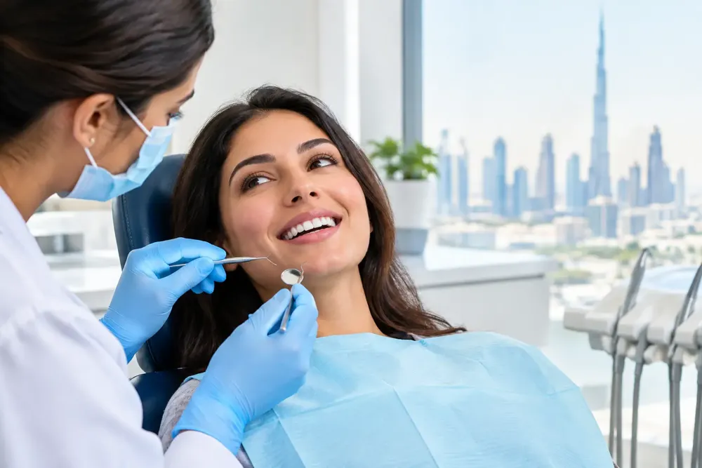 A smiling woman in a dental chair while a dentist in blue gloves holds a dental mirror and probe, with a city skyline visible through the window
