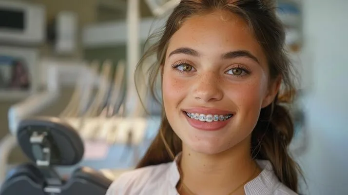 A smiling teenage girl with braces in a room with a dental chair behind her
