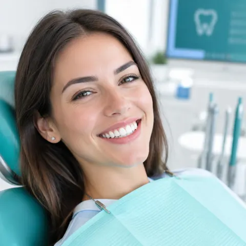 Happy patient smiling in the dental chair