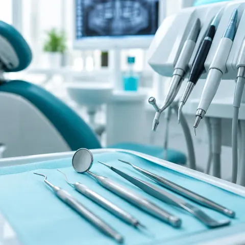 Dental instruments laid out on a tray