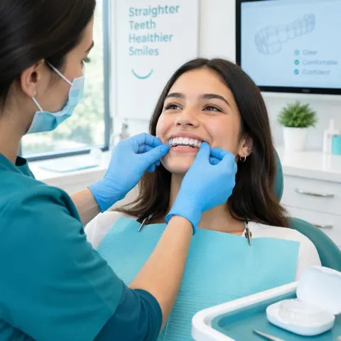 Dental professional fitting clear aligners for a patient